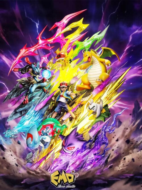 Full promotional render of Emo Studio's Ash Ketchum Masters Eight Series Vol. 04 statue showing Ash surrounded by Pikachu, Mega Lucario, Dragonite, Sirfetch'd, Dracovish, and Gengar amid multicolored lightning effects.
