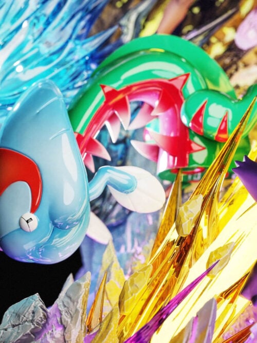 Close-up render of Dracovish emerging beside blue water effects and yellow crystal-like spikes on the lower left of the Emo Studio statue.