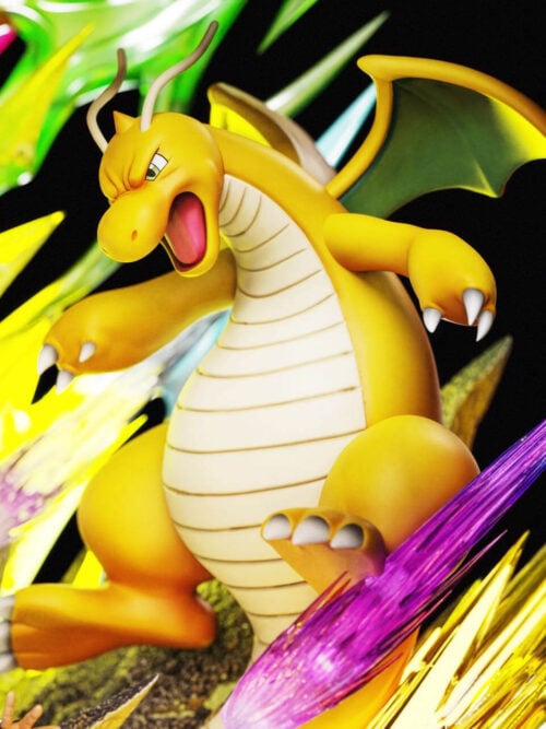 Close-up render of Dragonite with an open mouth and spread wings amid yellow and purple effect parts on the Emo Studio Masters Eight statue.