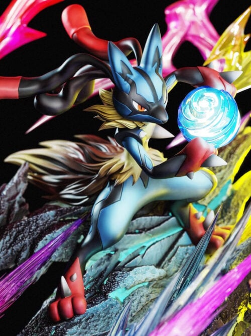 Close-up render of Mega Lucario on a rocky ledge holding a swirling blue Aura Sphere between its paws on the Emo Studio Masters Eight statue.