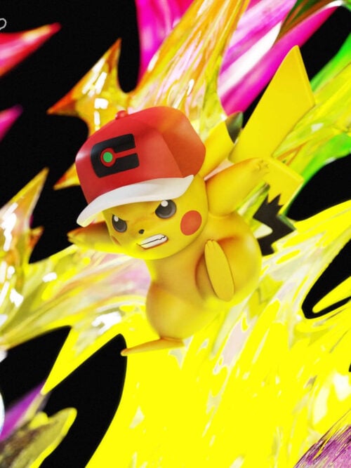 Close-up render of Pikachu wearing Ash's red-and-white cap with a bared-teeth expression against yellow, pink, and green Z-Move lightning effects.