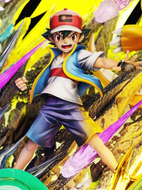 Close-up render of Ash Ketchum in his cap and blue vest at the center of the Emo Studio statue, with Sirfetch'd holding its leek lance to the lower right.