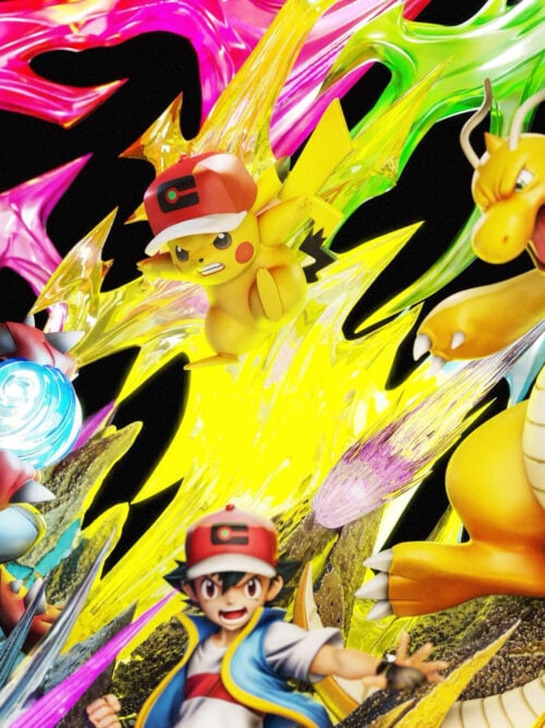Upper-half render of Emo Studio's Masters Eight statue showing Ash Ketchum below cap-wearing Pikachu, Mega Lucario with an Aura Sphere, and Dragonite.