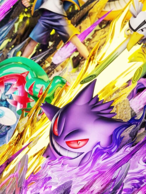 Lower-section render of the Emo Studio Masters Eight statue featuring Gengar among purple flames, Dracovish with blue water effects, and Sirfetch'd.