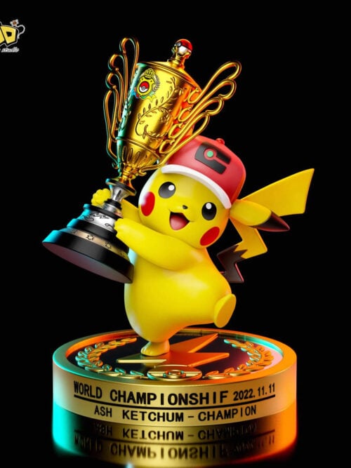 Render of the bonus Pikachu figure wearing Ash's cap and holding a gold championship trophy on a round pedestal base.