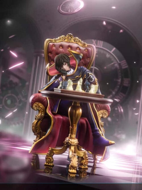 Zoldyck Studio 1/6 scale Lelouch Lamperouge statue seated in a red tufted armchair behind a chess table, shown against an illustrated clockwork hall backdrop.