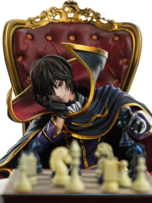 Front view of Lelouch Lamperouge seated in a gold-trimmed red armchair, looking forward over blurred chess pieces while holding a black piece in his left hand.
