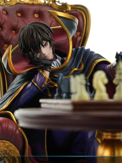 Low-angle view of Lelouch Lamperouge leaning over the round wooden chess table in his Zero cape and red armchair, with chess pieces in the foreground.