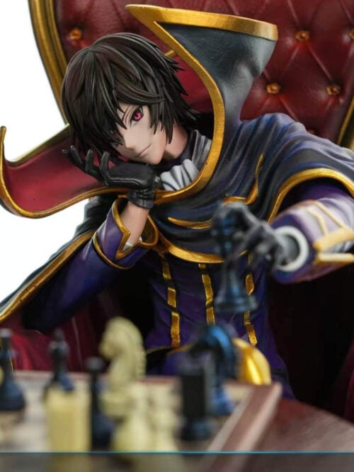 Angled close-up of Lelouch Lamperouge in his high-collared black and purple Zero attire, leaning forward from a red tufted armchair to move a black chess piece.