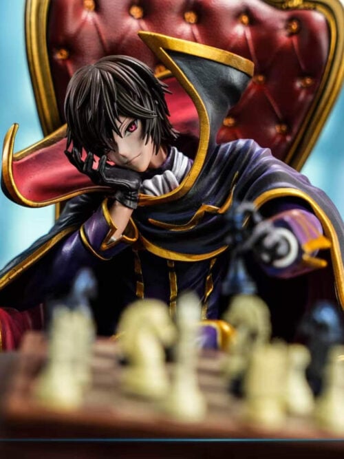 Front close-up of Lelouch Lamperouge with the red Geass sigil in his left eye, resting his chin on his right hand behind an out-of-focus chessboard.