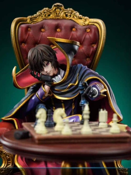 Medium shot of Lelouch Lamperouge resting his chin in his right gloved hand with the Geass sigil in his left eye while lifting a black chess piece over the board.