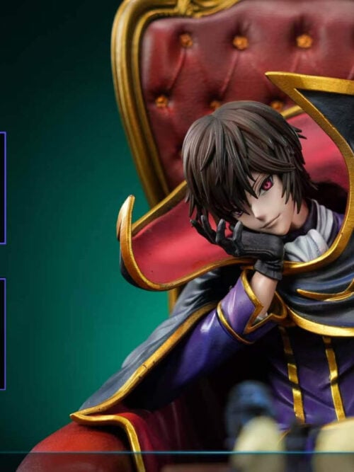 Close-up of Lelouch Lamperouge in his Zero cape seated in a red armchair, paired with two inset views of his hand holding a black chess piece and his purple boot beside the gold table base.