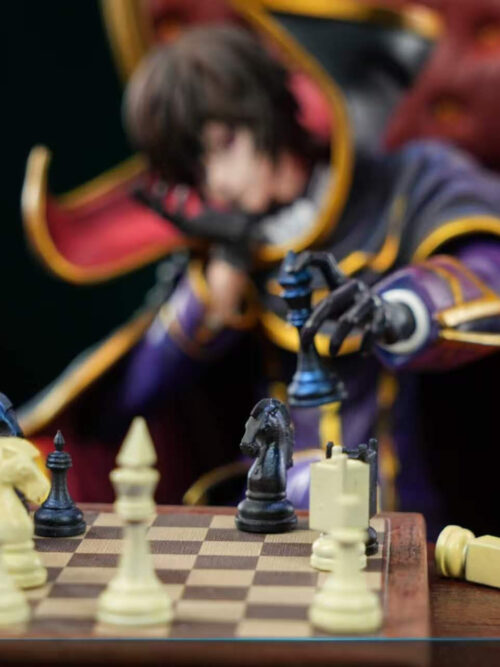 Close-up of the wooden chessboard with black and white pieces in focus, including fallen pieces on the table edge, while Lelouch lifts a black king in the background.