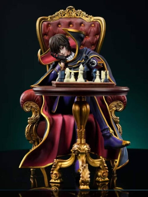 Full view of the Lelouch Lamperouge statue in a red armchair with a round chess table, accompanied by four inset views showing the chair trim, chessboard, pedestal legs, and tufted backrest.