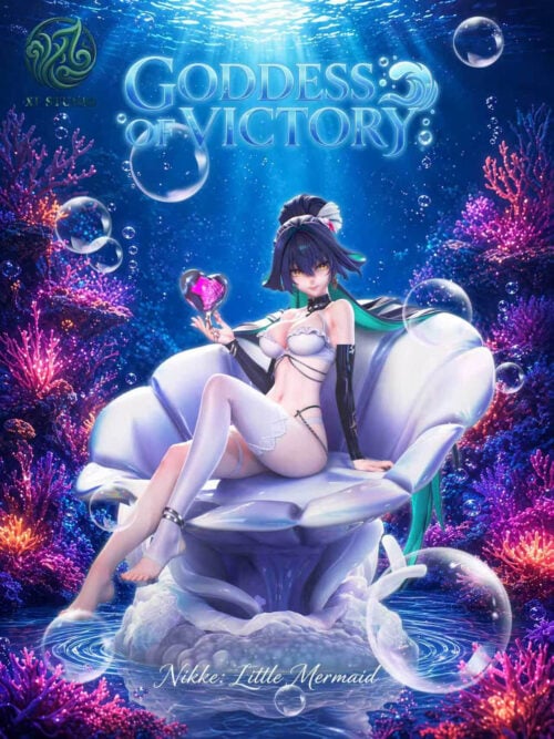 XF Studio Little Mermaid statue from Goddess of Victory: Nikke seated on a sculpted shell throne holding a heart-shaped rose bubble against an underwater coral backdrop.
