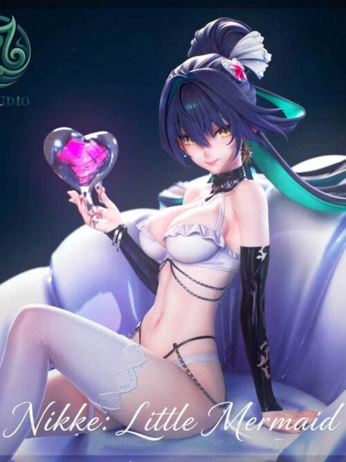 Upper-body view of XF Studio Little Mermaid from Goddess of Victory: Nikke in a ruffled white two-piece outfit with chain straps and black gloves holding a heart-shaped rose bubble.