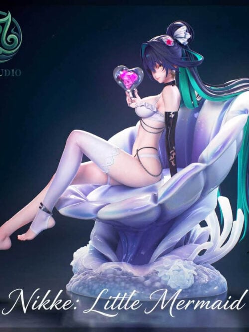 Full view of XF Studio Little Mermaid statue from Goddess of Victory: Nikke seated across a pearlescent shell throne over a bubble and coral base against a dark background.