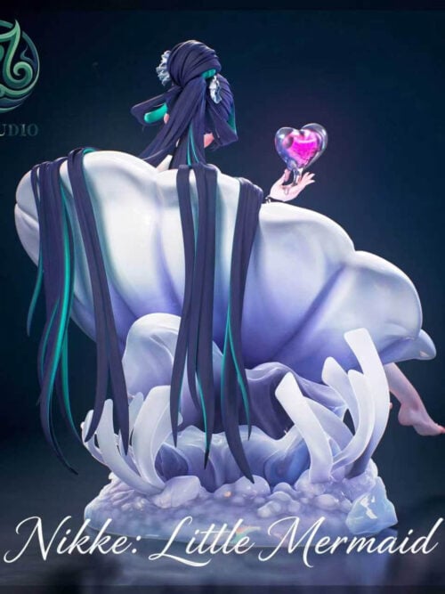 Rear view of XF Studio Little Mermaid from Goddess of Victory: Nikke showing the sculpted shell throne back, long dark hair with teal inner strands, and coral base.