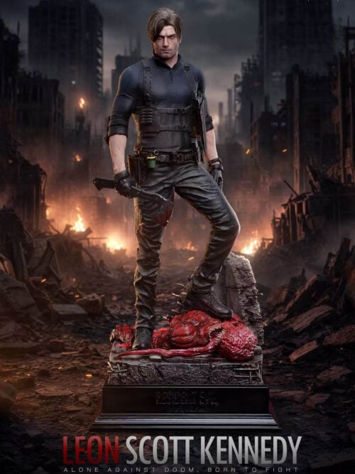 Full front view of ConstantGold Studio's 1/3 scale Leon Scott Kennedy statue standing on a slain Licker base against a burning city ruins backdrop.