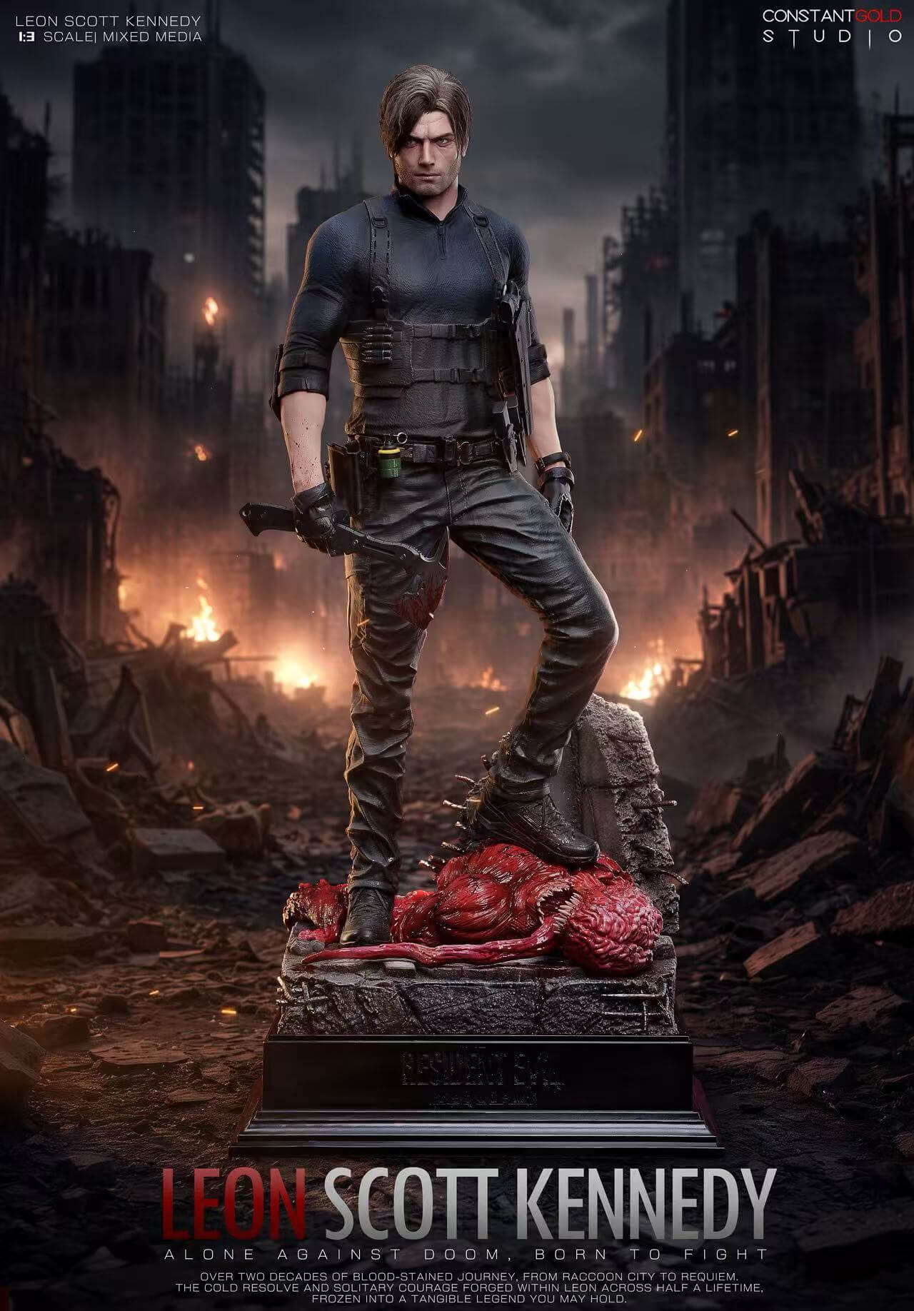 Leon Scott Kennedy Licker Ruins 1/3 Statue Full View with City Backdrop Full front view of ConstantGold Studio's 1/3 scale Leon Scott Kennedy statue standing on a slain Licker base against a burning city ruins backdrop.