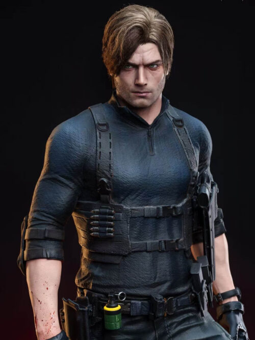 Close-up front portrait and torso view of Leon Scott Kennedy with parted brown wool-rooted hair, textured tactical shirt, and chest rig.