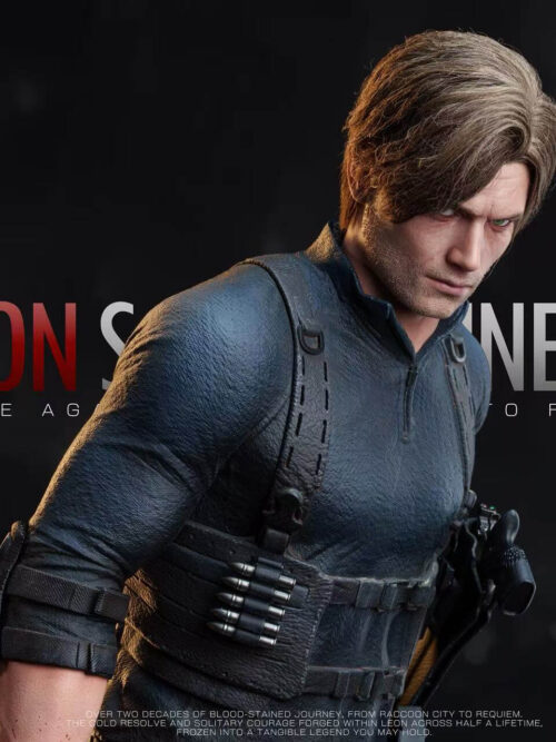 Close-up upper body view of Leon Scott Kennedy with wool-rooted hair, dark tactical shirt, and chest harness holding bullets.