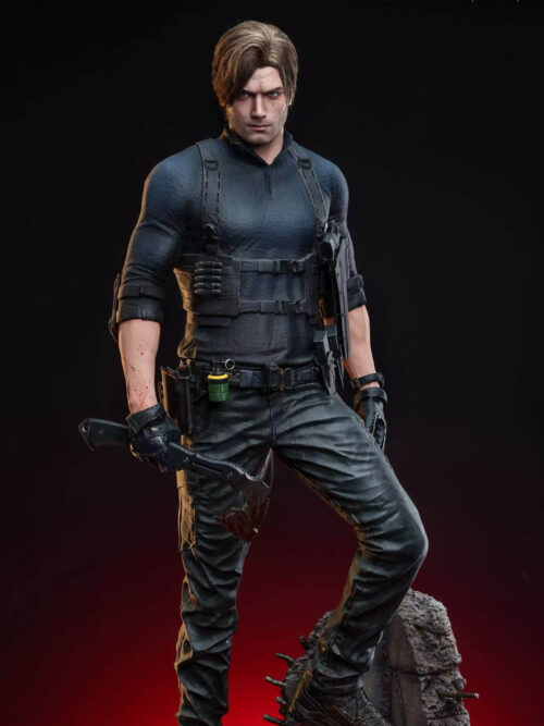 Medium shot of Leon Scott Kennedy in dark tactical clothing with chest harness, holstered pistol, belt grenade, and tomahawk.