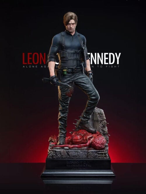 Full front view of ConstantGold Studio's 1/3 scale Leon Scott Kennedy statue in dark tactical gear holding a tomahawk atop a Licker ruins base.