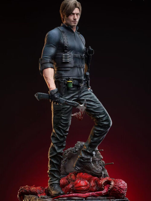 Three-quarter view of Leon Scott Kennedy holding a blood-streaked tomahawk with his left boot resting on a slain Licker on the ruins base.