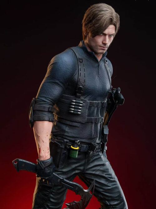 Three-quarter upper body view of Leon Scott Kennedy looking to his right while holding a blood-stained tomahawk at his side.