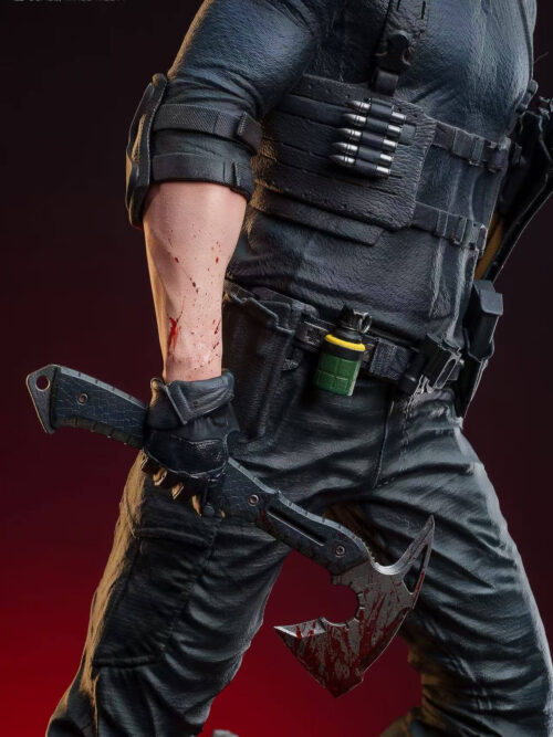 Close-up of Leon Scott Kennedy's blood-spattered right forearm, gloved hand gripping a bloodied tomahawk, belt grenade, and chest harness.