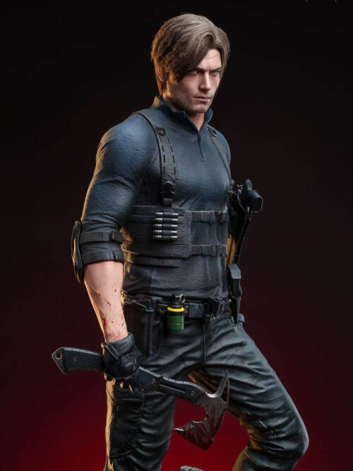 Right-side three-quarter view of Leon Scott Kennedy showing the ammo loops on his harness, blood-flecked forearm, and tomahawk.