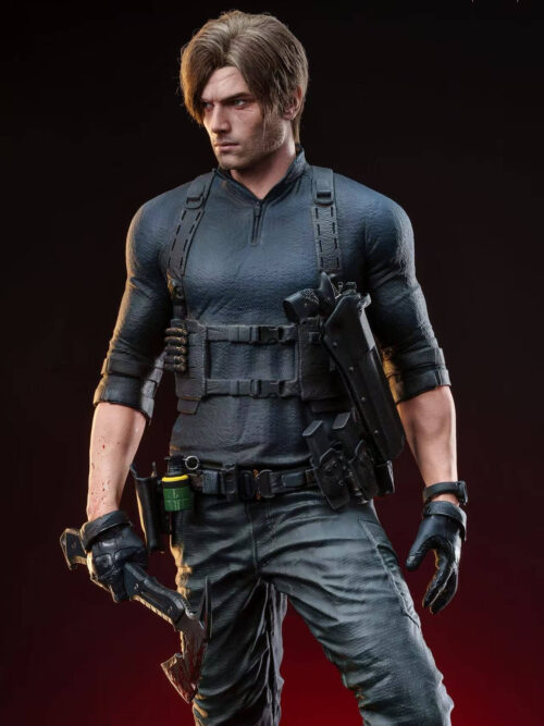 Front upper body view of Leon Scott Kennedy showing his rooted hair portrait, chest holster, spare magazines, belt grenade, and tomahawk.