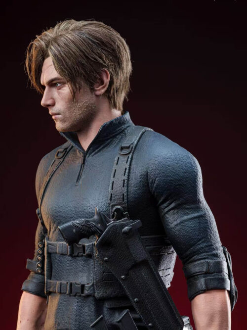 Left profile close-up of Leon Scott Kennedy showing the layered wool-rooted hair, facial stubble, and textured grip of his chest-holstered pistol.
