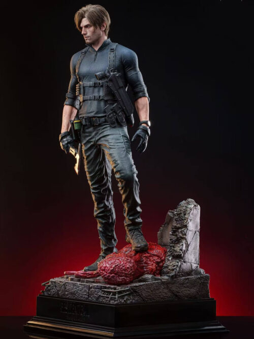 Left-angled full view of ConstantGold Studio's 1/3 scale Leon Scott Kennedy statue standing atop the Licker ruins base with exposed rebar.