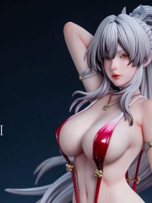Close-up render of Hiyuki’s face and upper torso, showing silver bangs and ponytail, red eyes, a raised arm, red swimsuit straps, and a small gold pendant.