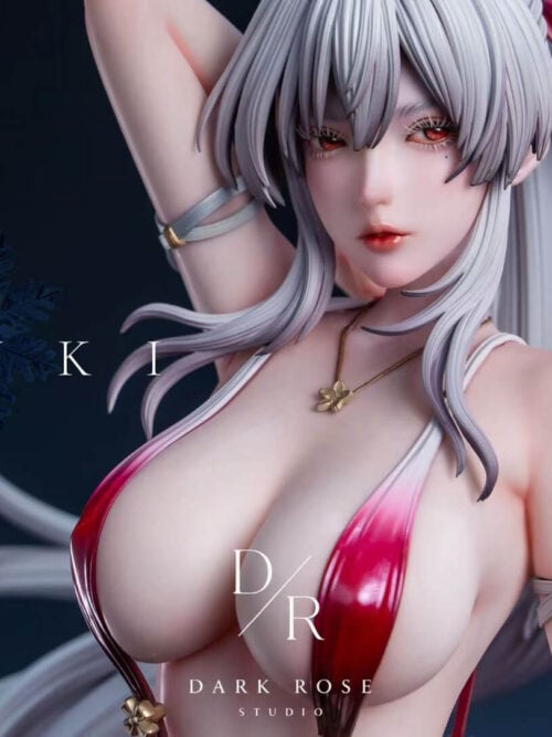 Wide promotional render combining a front full view, a large face and torso close-up, and a rear view of the Hiyuki figure with her blue sword and angular base.