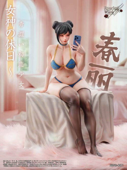 Promotional render of a seated Chun-Li statue on a cloth-draped platform over a pink carpet, holding a blue phone, wearing a blue and gold bikini, choker, and black thigh-high stockings.