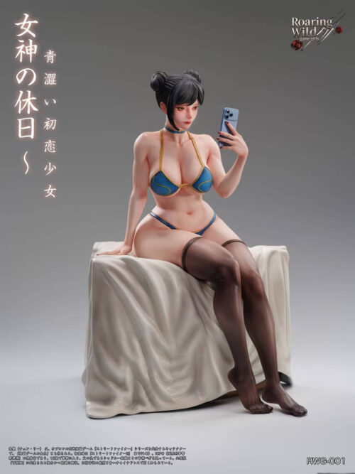 Studio render of the full seated statue on a gray background, shown from the front-right while holding a blue phone.
