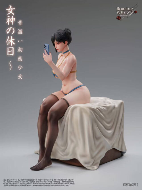 Side studio render of the seated statue looking at a phone, with crossed legs in black thigh-high stockings and bare feet.