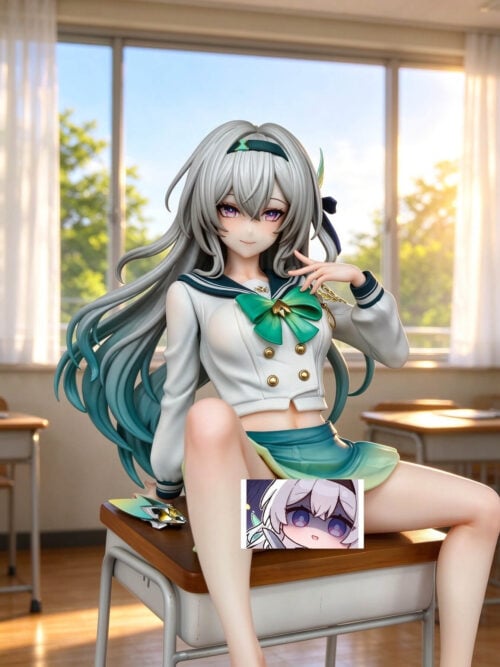 Product image of the Firefly Desk Series figure seated on a wooden school desk in a classroom, with long silver hair fading to teal, a cropped white sailor jacket, green bow, gold buttons, and a teal-to-green skirt. One hand is raised beside her face, a small green-and-gold accessory lies on the desk, and a face close-up is inset near the bottom.