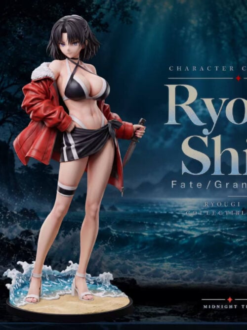 Front three-quarter view of Mikasa Studio's 1/6-scale Ryougi Shiki - Swimsuit Ver. statue from Fate/Grand Order wearing an off-the-shoulder red jacket over a black-and-white bikini and wrap skirt, holding a knife in a reverse grip on a sandy wave base.