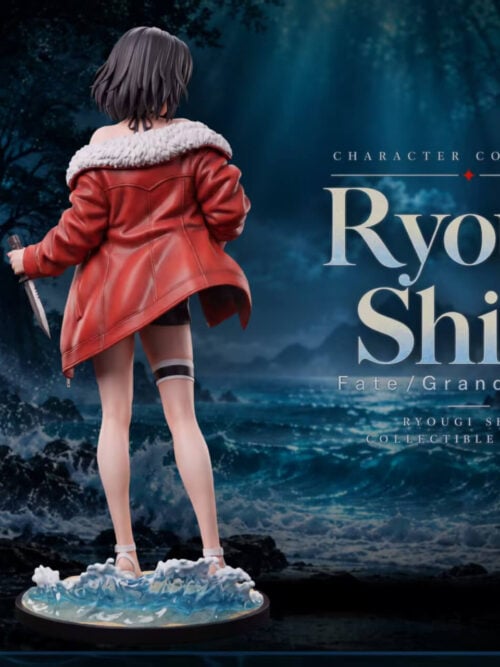 Rear view of the Ryougi Shiki - Swimsuit Ver. statue showing the red fur-collared jacket draped across her back, the knife in her left hand, and translucent blue waves rising behind her white sandals on the circular base.