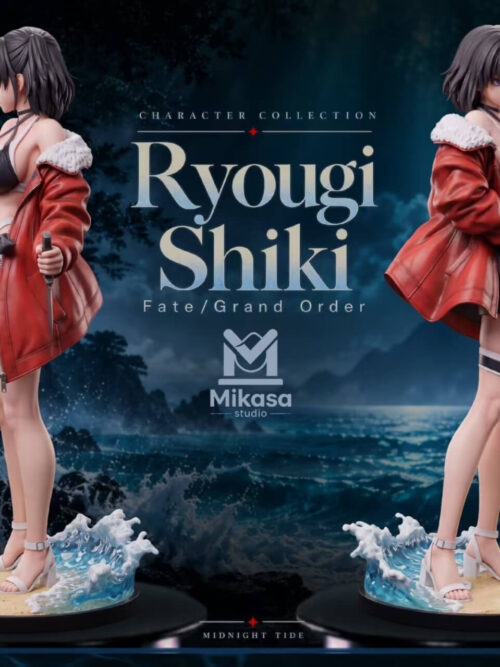 Promotional composite showing left and right side profile views of the 1/6-scale Ryougi Shiki - Swimsuit Ver. statue on its circular sandy shoreline base.