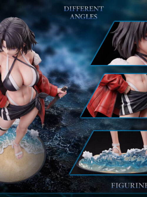 Multi-angle composite of the Ryougi Shiki - Swimsuit Ver. statue featuring a high-angle full view alongside close-ups of her portrait, striped wrap skirt and knife grip, and the translucent wave base.