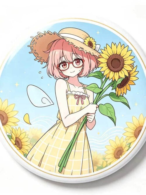 Round commemorative bonus badge featuring a 2D illustration of Mirai Kuriyama in her straw hat, red-rimmed glasses, yellow plaid sundress, and translucent wing holding two sunflowers against a blue sky.