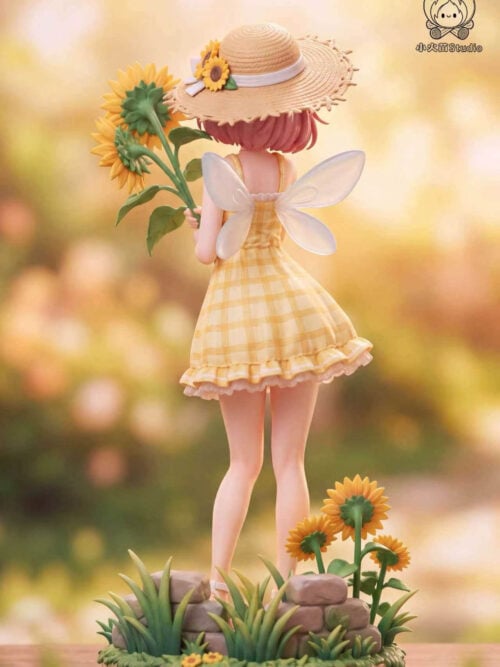 Back view of the Mirai Kuriyama - Summer Sunflower Ver. figure showing the woven straw hat with sunflower ribbon, translucent wings attached to the yellow plaid sundress, held sunflowers, and stacked stone garden base.