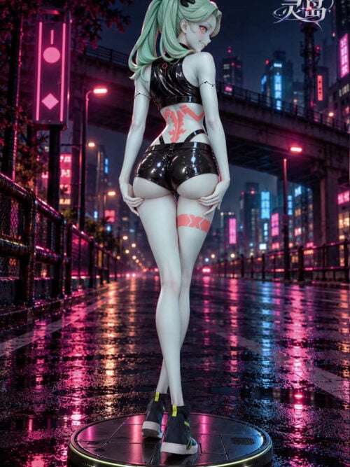 Rear view of LingDao Studio's 1/6-scale Rebecca statue from Cyberpunk: Edgerunners looking back over her right shoulder on a circular paneled base