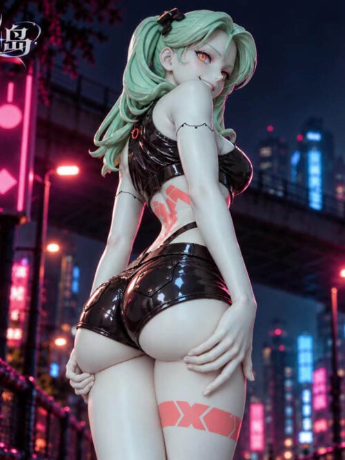 Rear three-quarter close-up of the Rebecca 1/6 statue by LingDao Studio showing her wide grin, mint-green pigtails, glossy black outfit, and pink tattoos