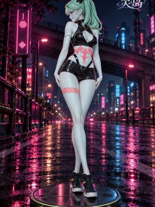 Full-length front view of LingDao Studio's 1/6-scale Rebecca statue from Cyberpunk: Edgerunners standing with crossed legs on a circular paneled base